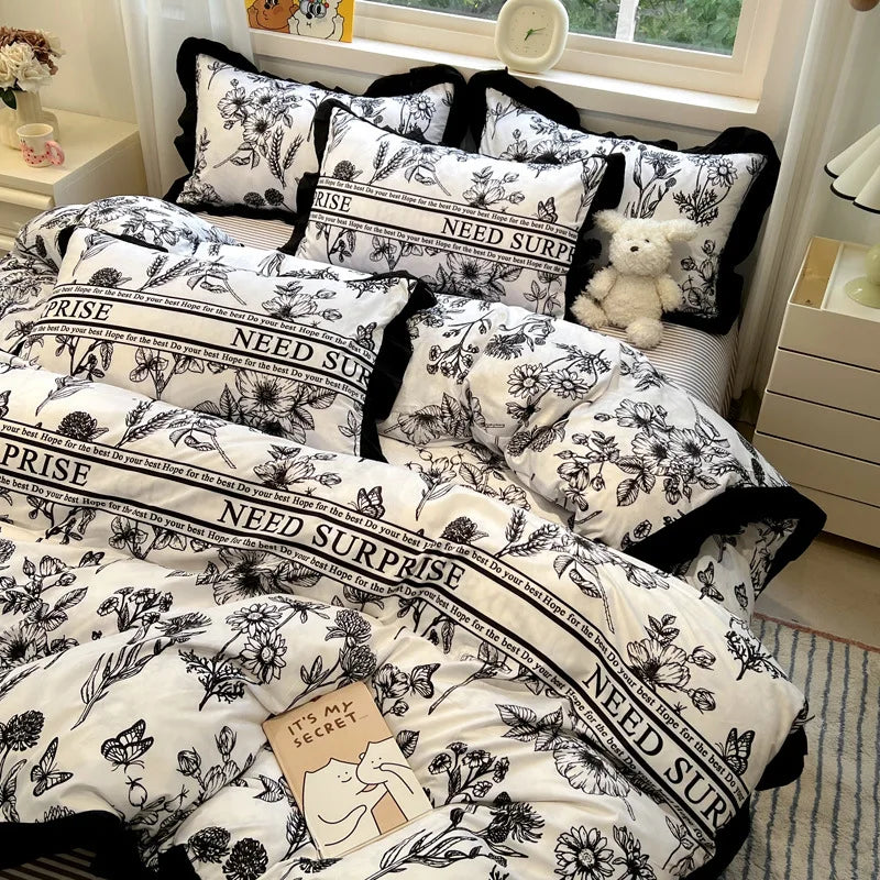 Afralia™ Korean Black White Hepburn Style Bedding Set with Lace Fitted Sheet Set