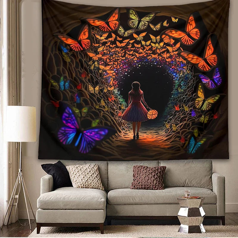 Afralia™ Psychedelic Girl Tapestry Wall Hanging Butterfly Cave Boho Colorful Decor