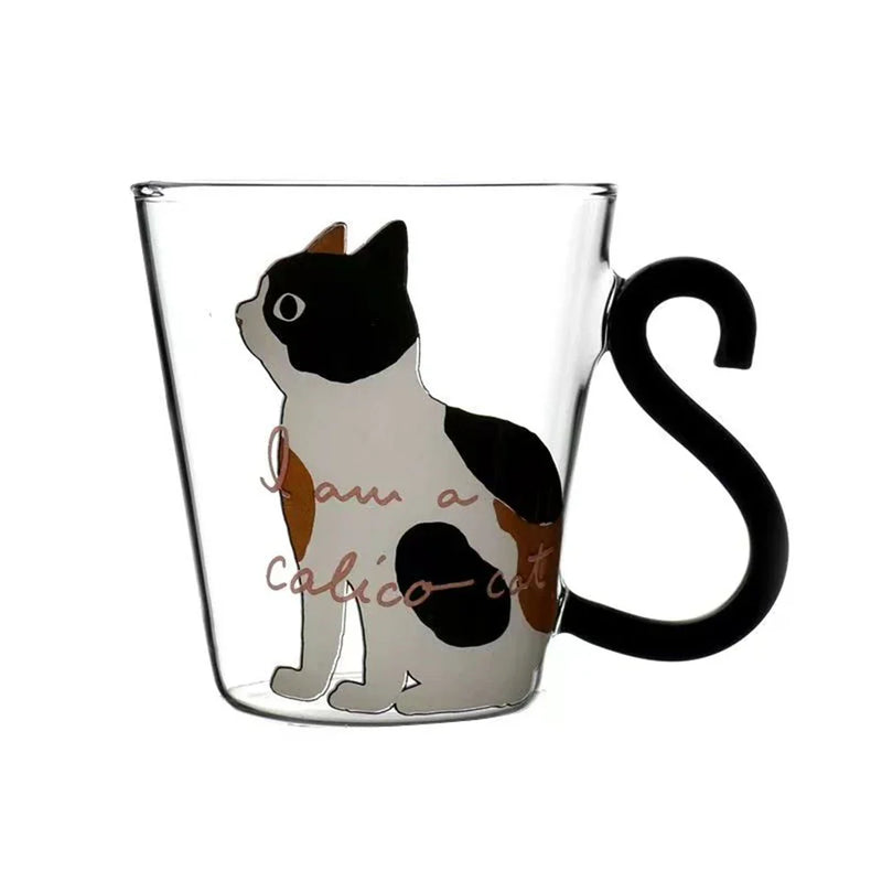 Glass Cat Tail Handle Mug, 300ml, Cute Cartoon Kitty Print, for Coffee, Tea, Milk - Afralia™