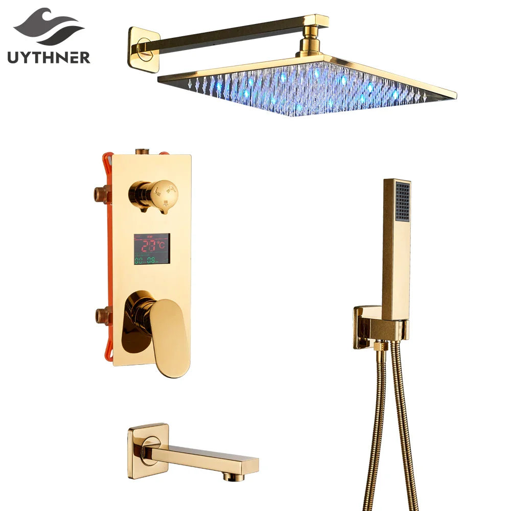 Afralia™ Gold Digital Shower Set with 3-Functions LED Rainfall Head