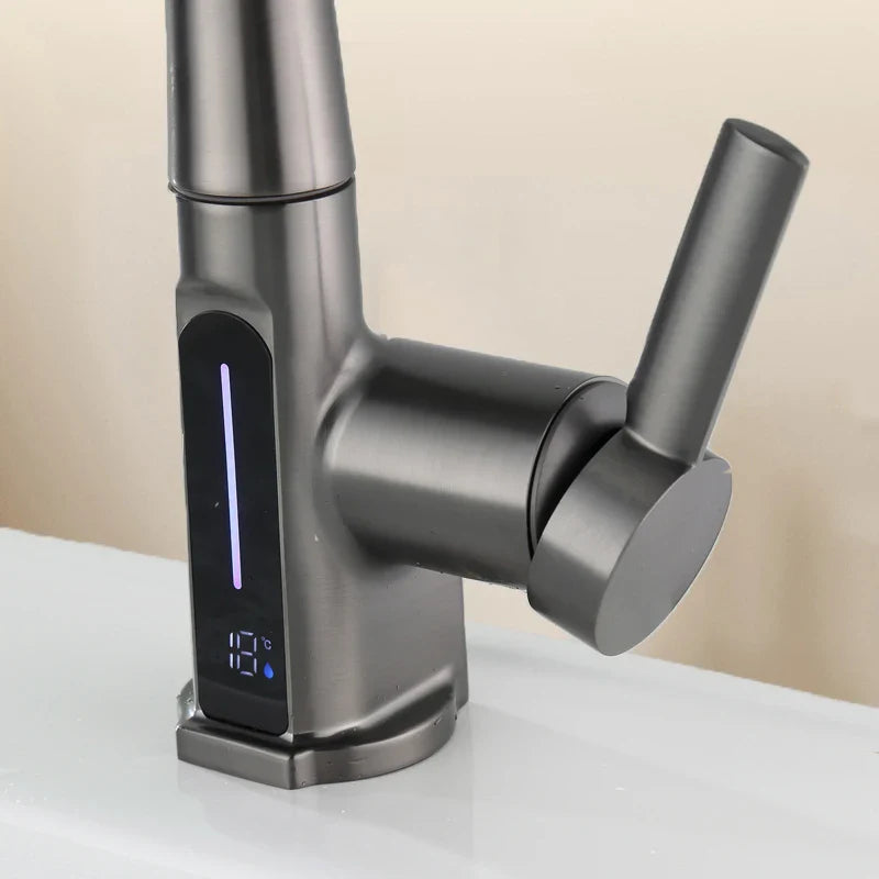 Afralia™ Temperature Digital Display Basin Faucet Pull Out Mixer Tap for Bathroom