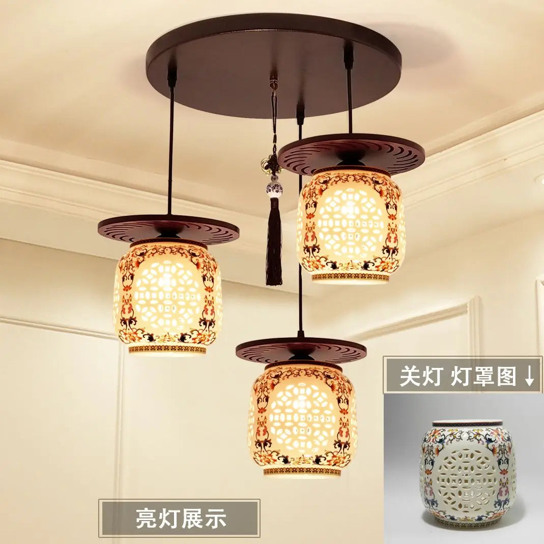 Afralia™ Three-Headed Chinese Antique Ceramic Pendant Light for Study, Dining Room, Bedroom