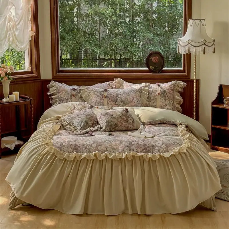 Afralia™ Vintage French Flowers Lace Ruffles Bedding Set with Egyptian Cotton Quality