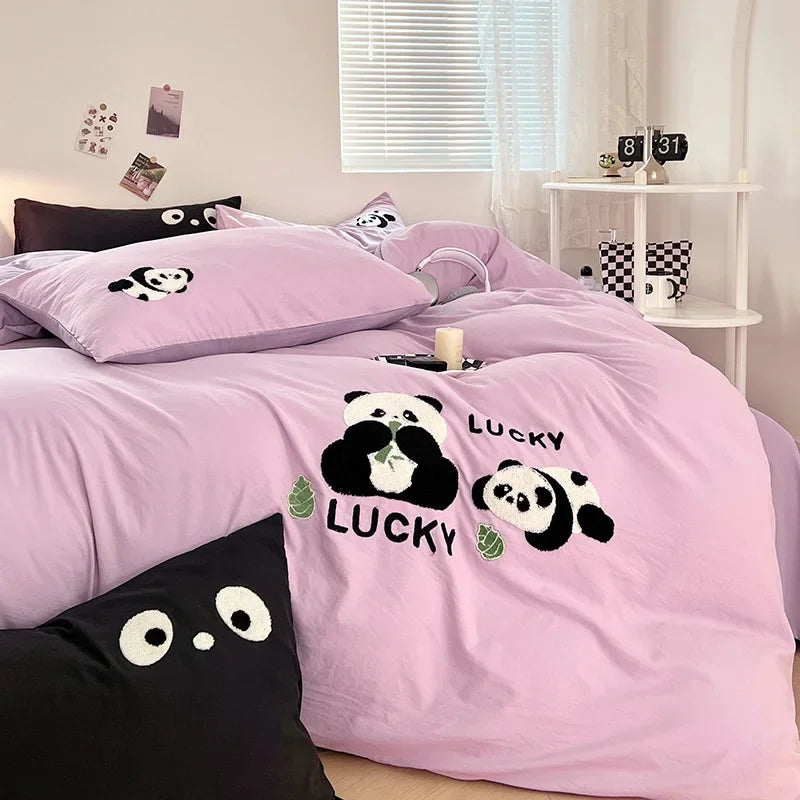 Afralia™ Panda Embroidery Washed Cotton Comforter Set with Fitted Sheet