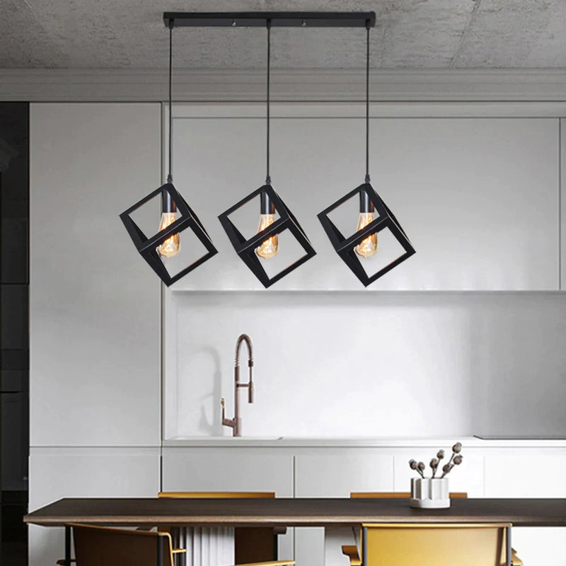 Afralia™ Black Geometric Square Pendant Light for Kitchen Island, Bedroom, Hallway