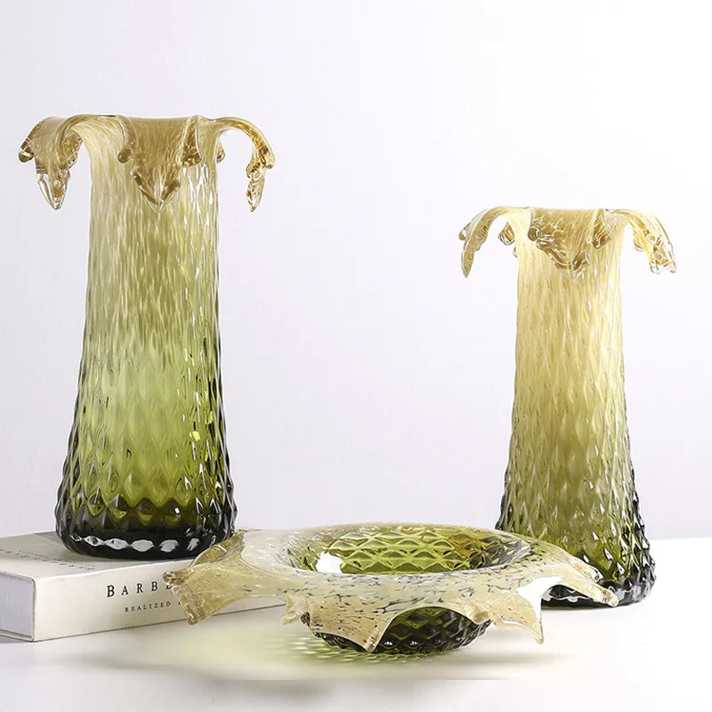 Afralia™ Gradient Glass Vase & Fruit Plate Set for Home Decor & Storage