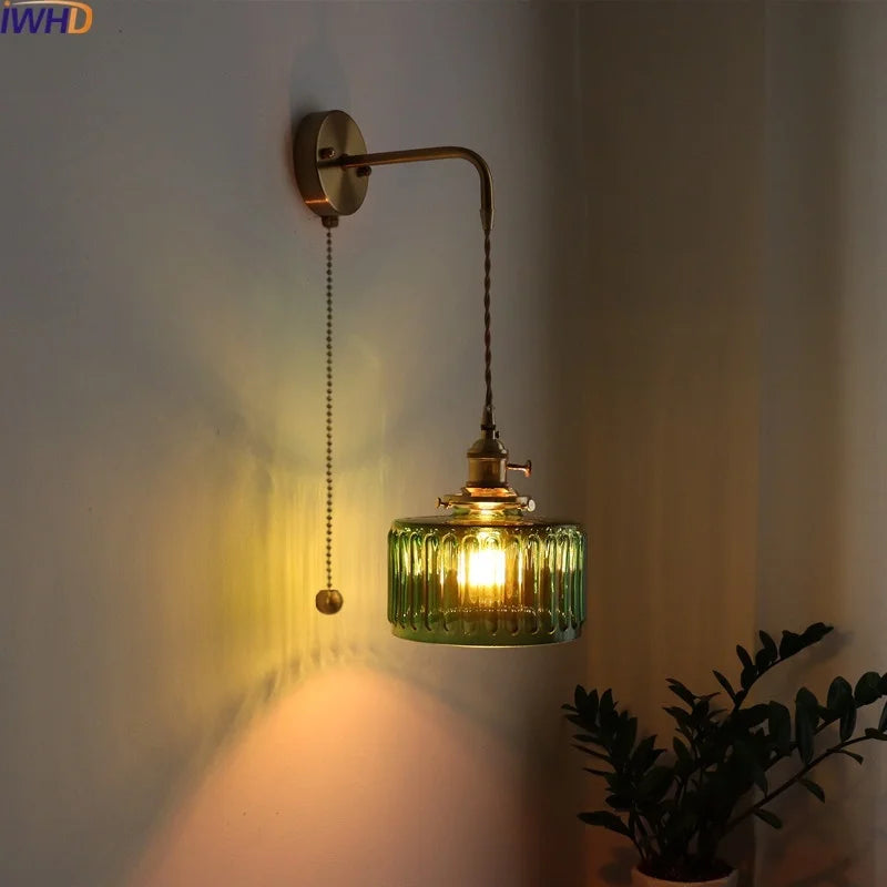 Afralia™ Vintage Green Glass Copper LED Wall Lights Pull Chain Switch Hallway Bedroom Balcony Wall Lamp