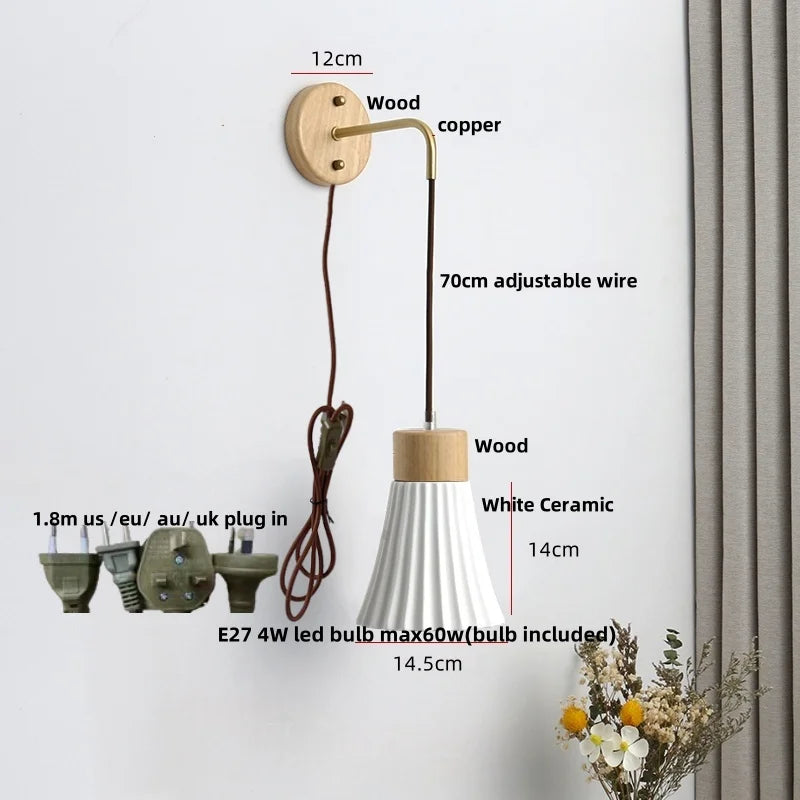 Afralia™ Nordic LED Wall Sconce Pull Chain Switch Ceramic Wood Mirror Light