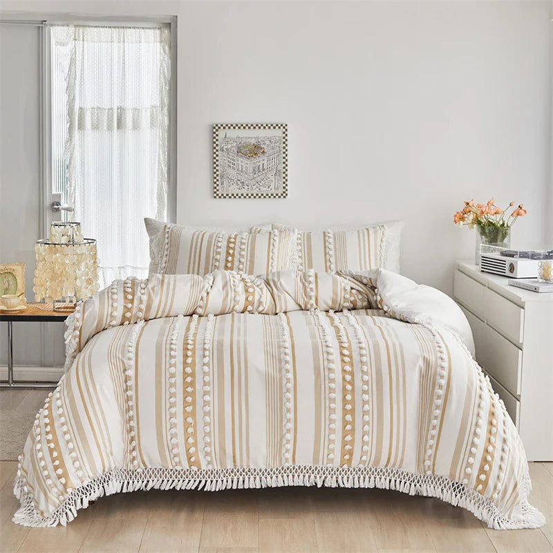 Afralia™ Striped Furball Double Duvet Cover Set: King/Queen Size Bedding with Tassels