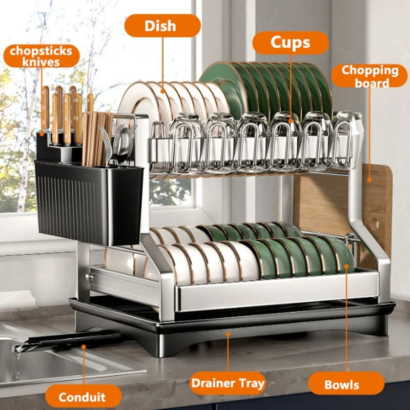 Afralia™ 2 Tier Dish Drying Rack Utensils Storage Organizer with Drainboard