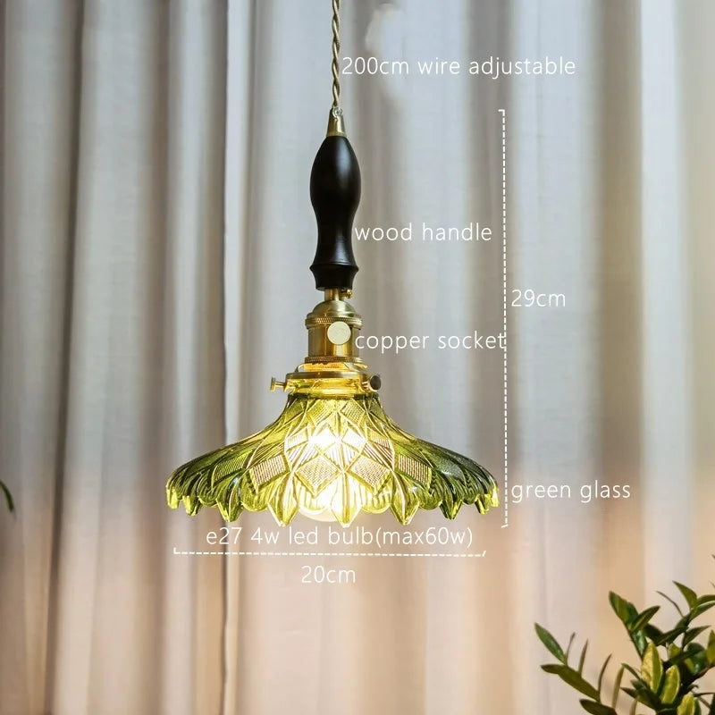 Afralia™ Japanese Style Green Glass LED Pendant Chandelier for Home Decor
