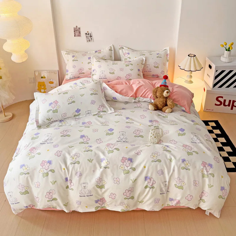 Afralia™ Heart Print Solid Color Bedding Set: Duvet Cover, Sheet, Pillowcases for Single Double Bed