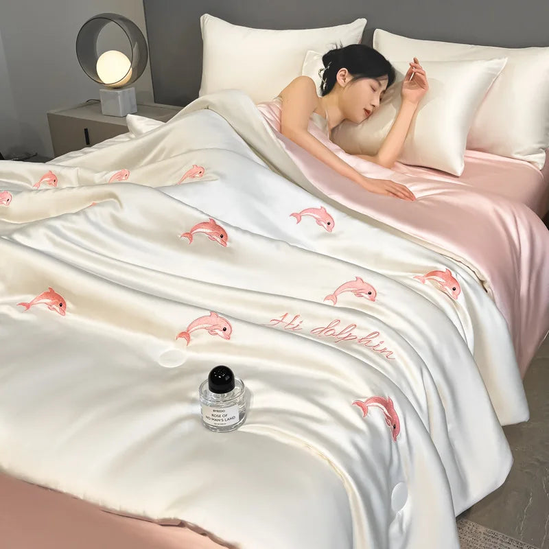 Afralia™ Washed Silk Embroidered Quilt Set Queen, Cooling Summer Blanket