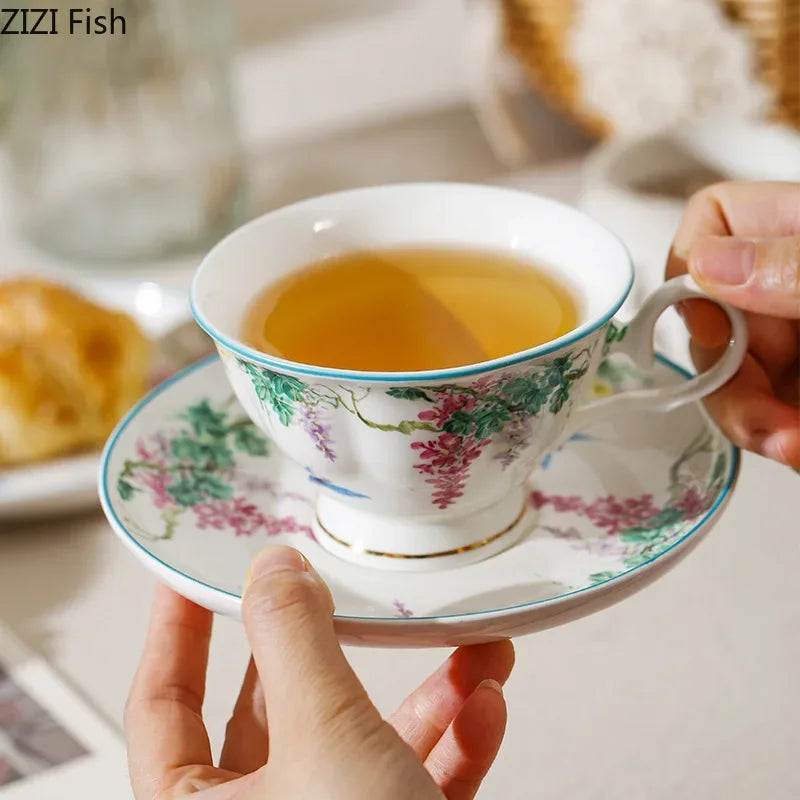 Afralia™ Green Willow Porcelain Tea Cup & Saucer Set - Elegant Tableware and Coffee Mug
