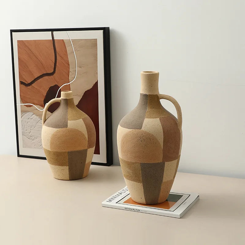 Afralia™ Checkered Color-blocked Ceramic Vase with Geometric Handle