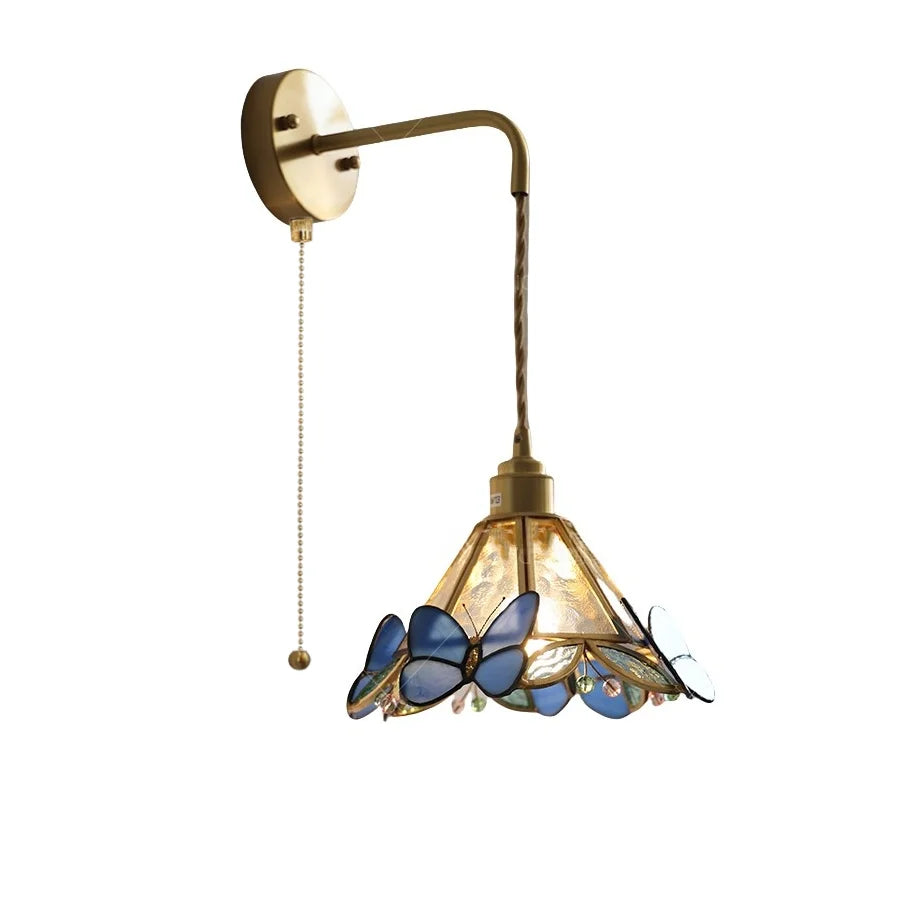 Afralia™ LED Butterfly Glass Wall Lamp Sconce with Pull Chain Switch