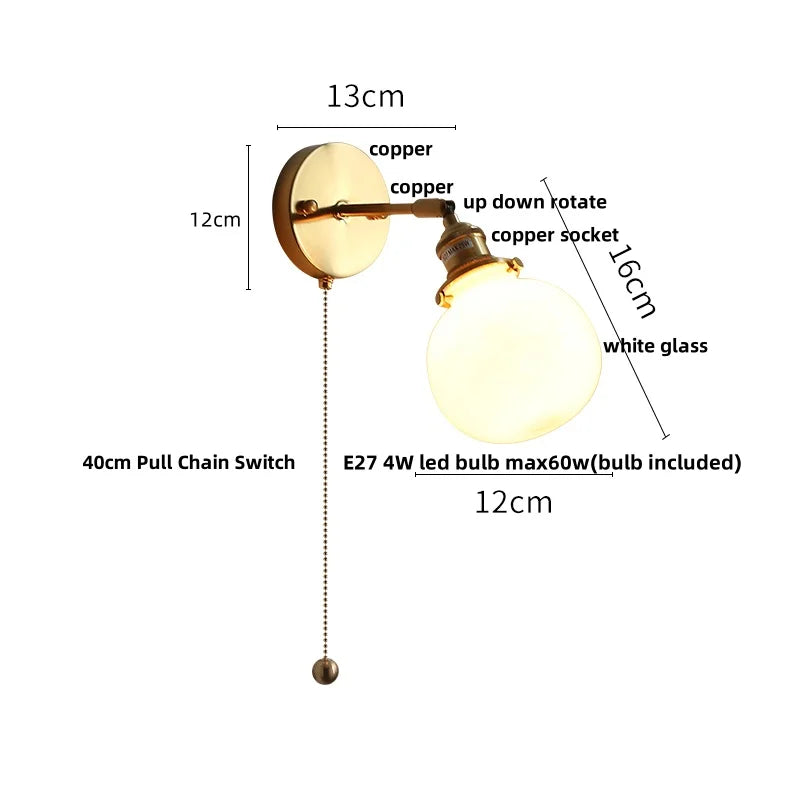 Afralia™ Glass Rotate Copper Wall Sconce | Pull Chain Switch LED Light Fixture