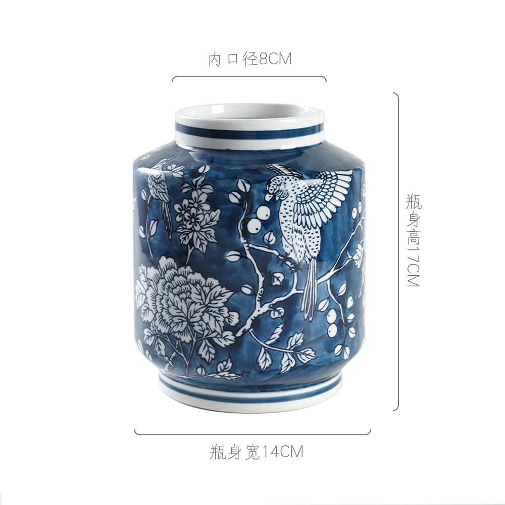 Afralia™ Blue White Porcelain Vase Chinese Retro Flower Arrangement Pot