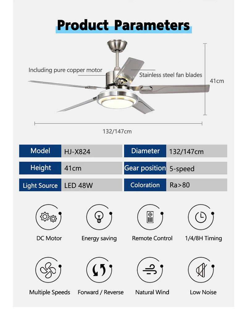 Afralia™ 52" Stainless Steel Blade Ceiling Fan with LED Light and Remote Control