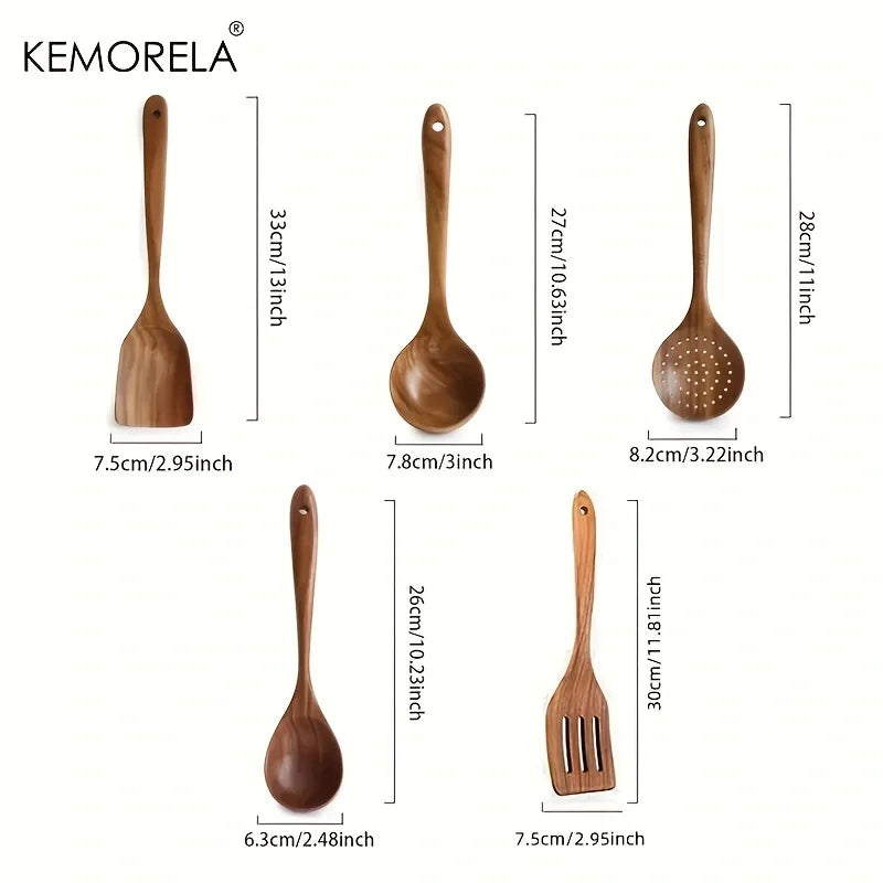 Afralia™ 5PCS Teak Wooden Cooking Spoon Set - Natural Kitchen Tableware Tools