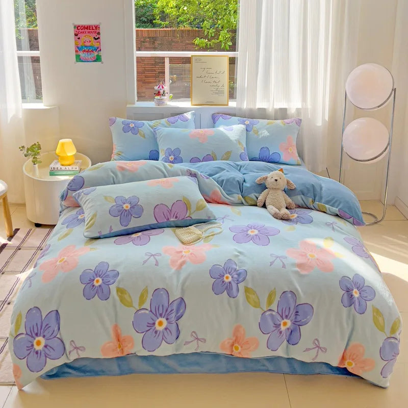 Afralia™ Snowflake Velvet Cute Cartoon Flower Bedding Set for Single Queen