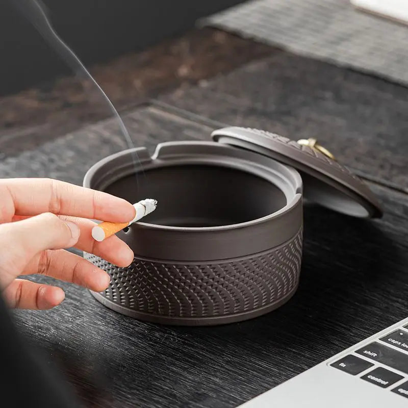Afralia™ Retro Ceramic Ashtray with Cover - Blessing Character Decor, Portable Home Gift.