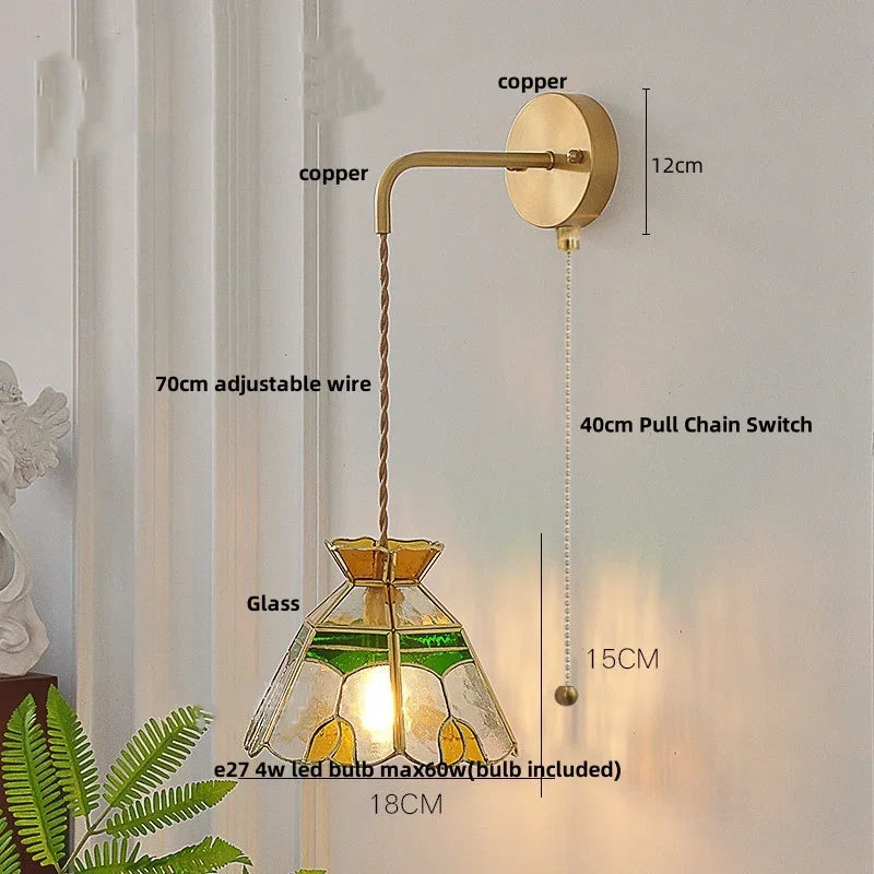 Afralia™ Glass LED Wall Light Fixture with Adjustable Wire, Pull Chain Switch for Bedroom, Coffee Shop