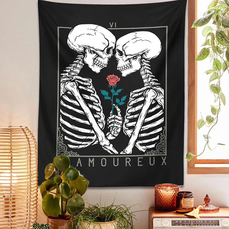 Afralia™ Kissing Lovers Tarot Tapestry: Skeleton & Rose Hippie Room Decor