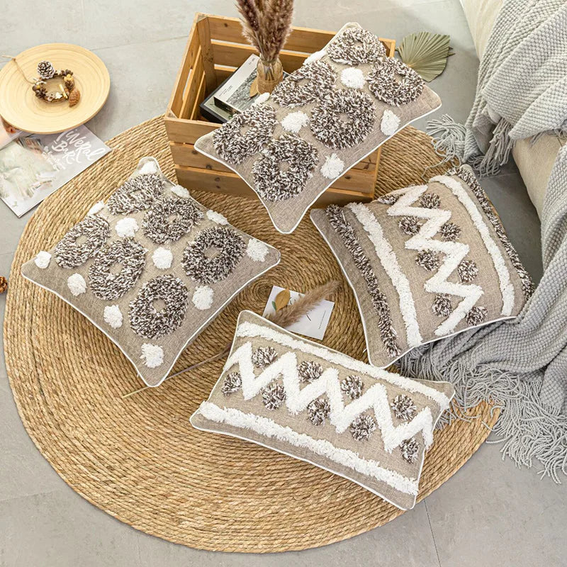 Afralia™ Boho Style Tufted Cushion Cover with Tassel, Gray Embroidery, 45x45cm