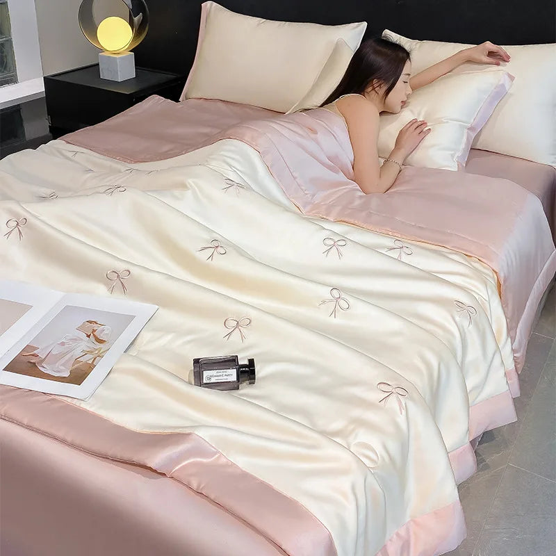 Afralia™ Bowknot Embroidered Summer Bedding Set - Soft & Skin-friendly Quilt, Duvet, Pillowcases