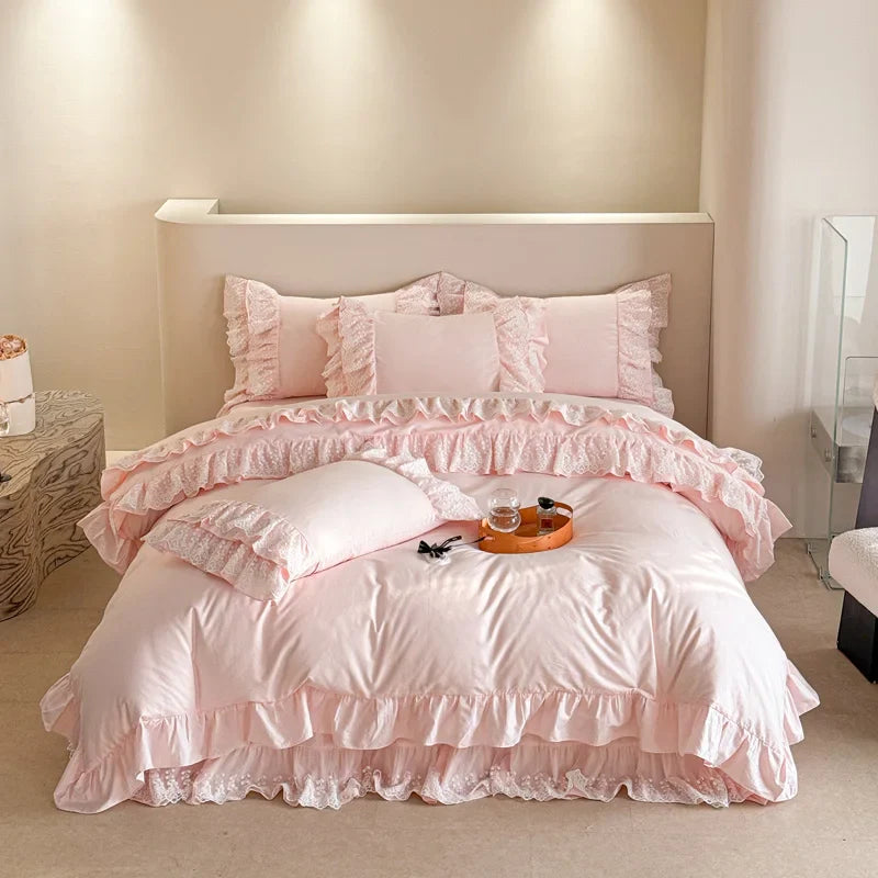 Afralia™ Pink Lace Ruffles Princess Style Cotton Bedding Set with Bed Skirt and Pillowcases