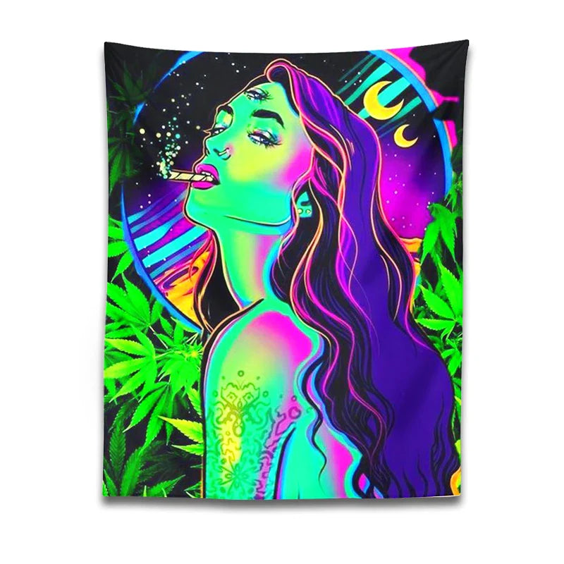 Afralia™ Moon Girl Smoke Tapestry: Psychedelic Hippie Trippy Leaves Aesthetics & Home Decor