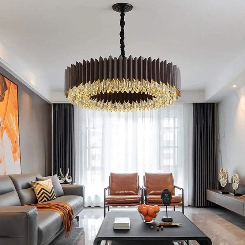 Afralia™ Crystal Chandelier: Black Gold Round LED Pendant Light for Living Room or Bedroom