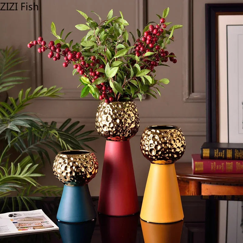 Afralia™ Gold Hammer Pattern Ceramic Vase: Creative Plant Pot for Table Decoration and Floral Arrangement