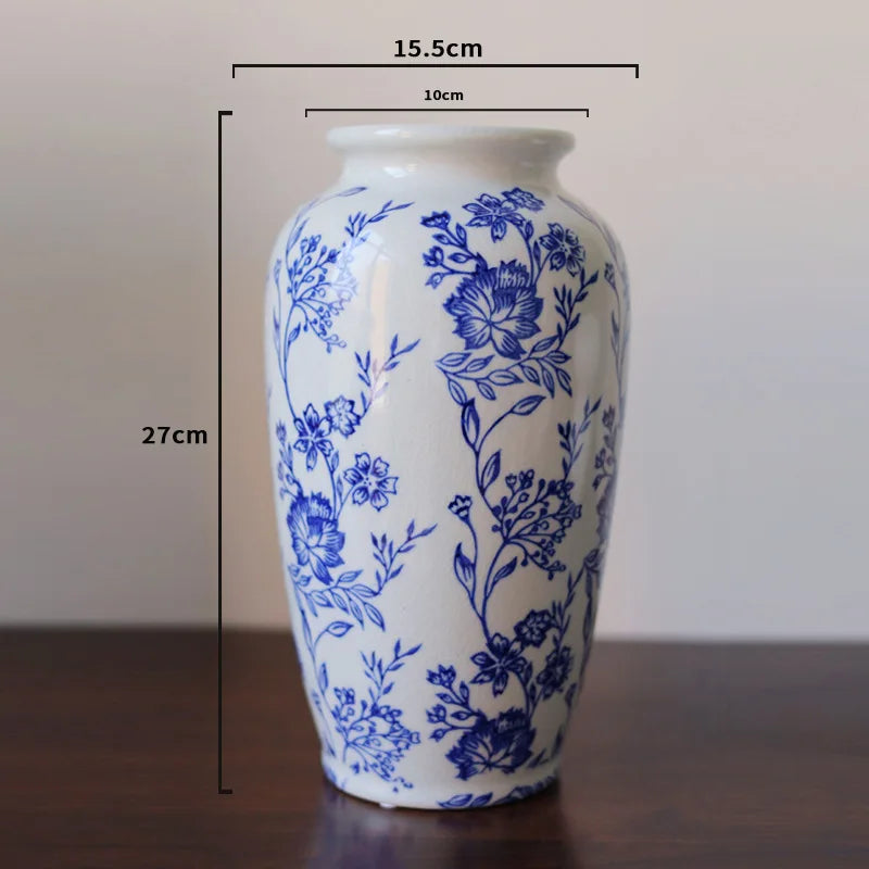 Afralia™ Blue White Porcelain Vase Vintage Ceramic Flower Home Decor Jar