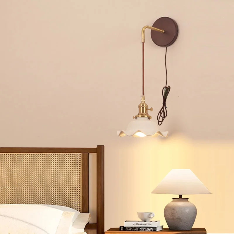 Afralia™ Nordic Ceramic Wood Wall Sconce LED Lamp Adjustable Modern Bedroom Light