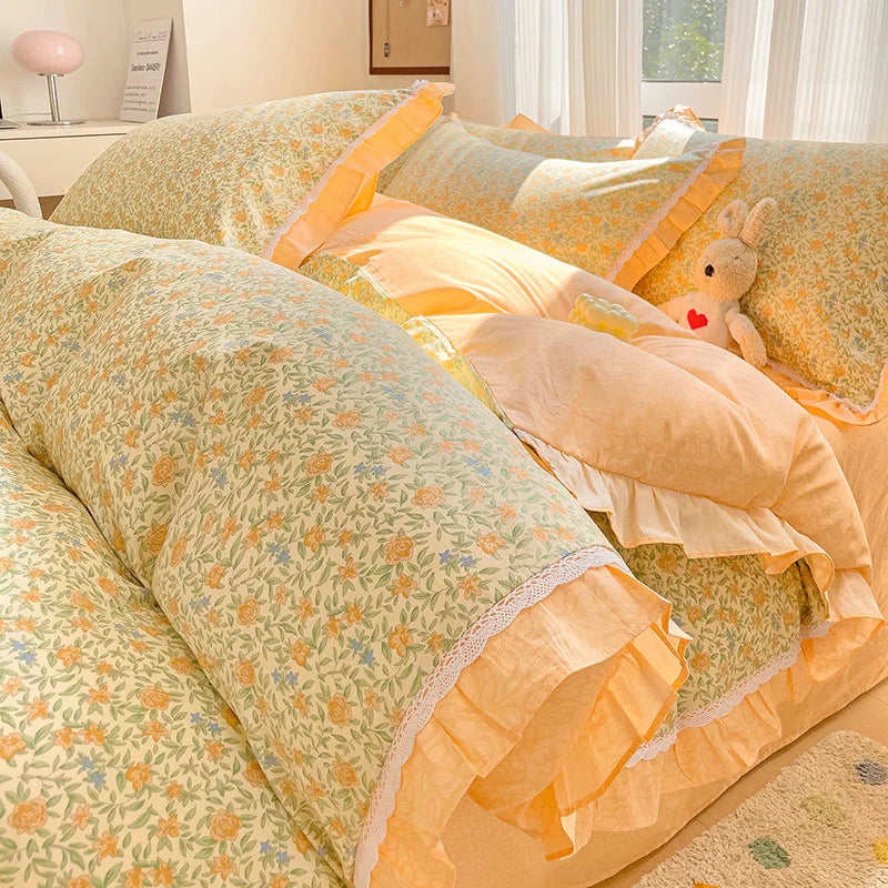 Afralia™ Floral Ruffles Bedding Set with Duvet Cover, Sheets, and Pillowcases