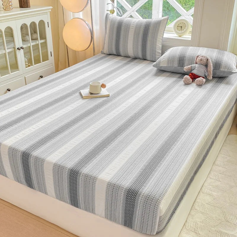 Afralia™ Cotton Jacquard Fitted Sheet Set with 2 Pillowcases, Dustproof & Anti-Slip