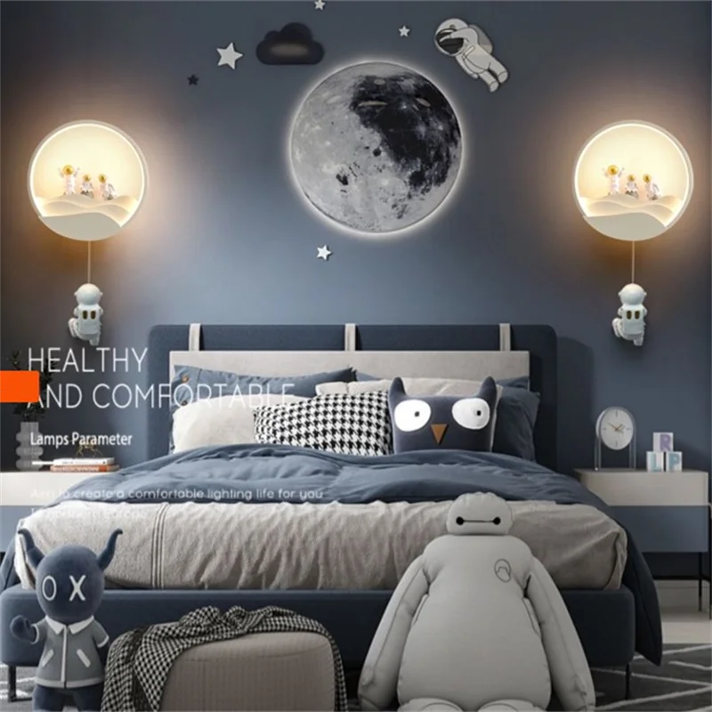 Afralia™ Astronaut Moon LED Wall Lamp for Children's Room, Living Room, Bedroom, and Corridor