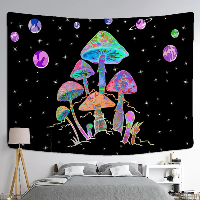 Afralia™ Cartoon Planet Mushroom Tapestry Wall Hanging for Psychedelic Room Decor