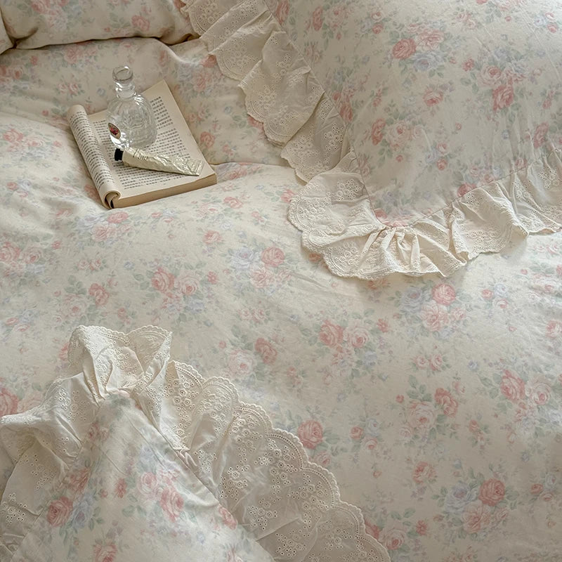 Afralia™ Elegant Floral Lace Ruffles Bedding Set with Double Yarn - Soft Cotton Blend