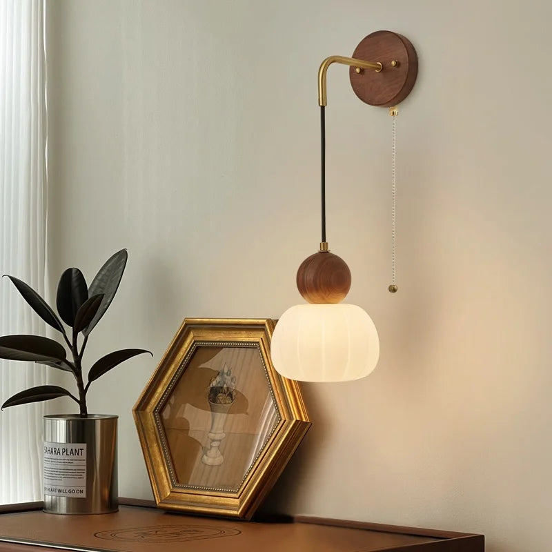 Afralia™ Walnut Wood LED Wall Sconce with Pull Chain Switch for Hotel, Bedroom, Bathroom, and Mirror
