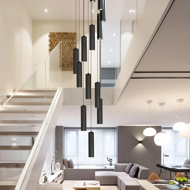 Afralia™ Black LED Staircase Chandelier | Modern High Ceiling Pendant Light