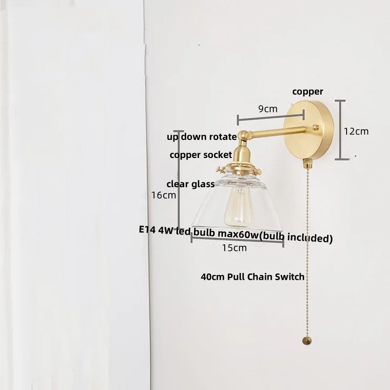 Afralia™ Clear Glass LED Wall Lights Pull Chain Switch Modern Bedside Lamp