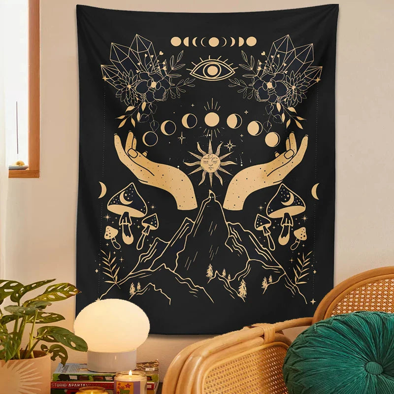 Moon Phase Magic Mushrooms Tapestry Wall Hanging by Afralia™ - Hippie Witchcraft Home Decor