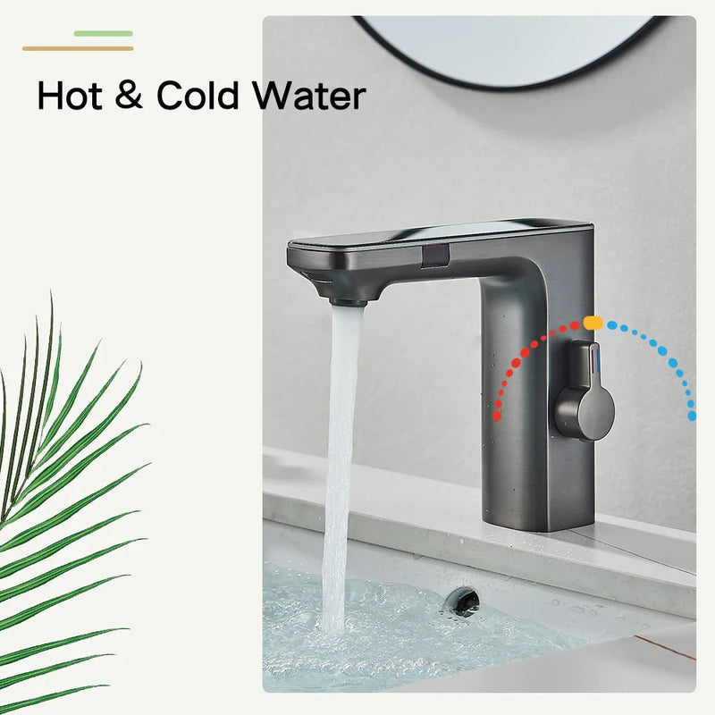 Afralia™ Touchless Sensor Brass Smart Digital Bathroom Sink Faucet Grey Hot Cold Mixer