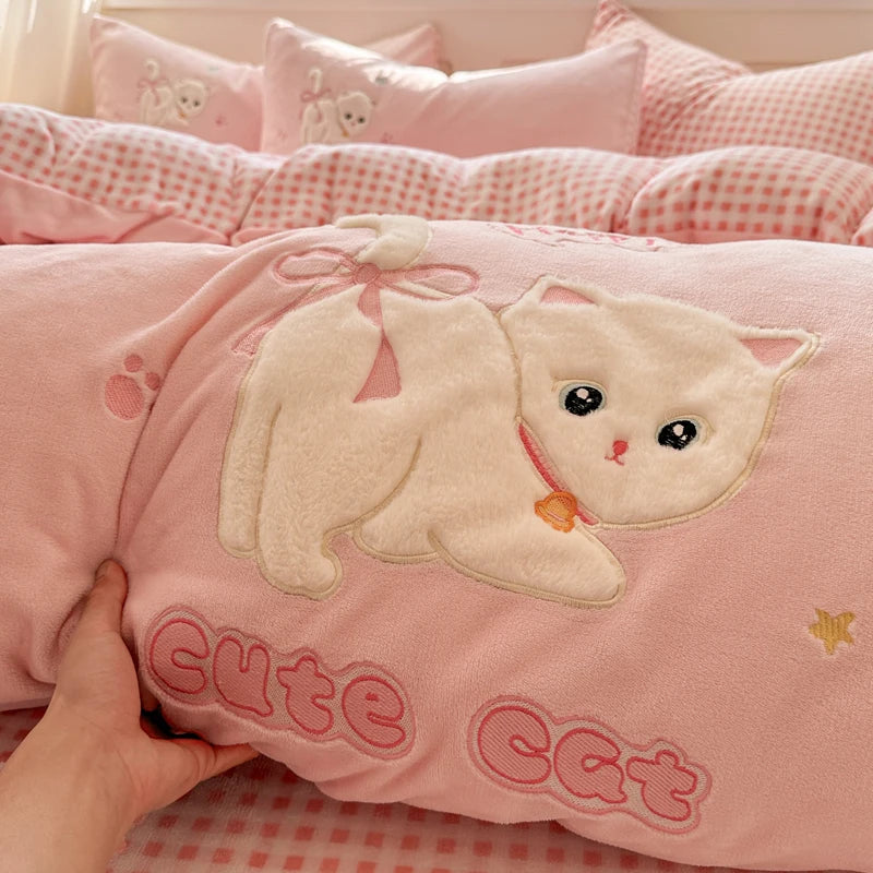 Afralia™ Pink Cat Embroidery Child Bedding Set, Single - King Sizes