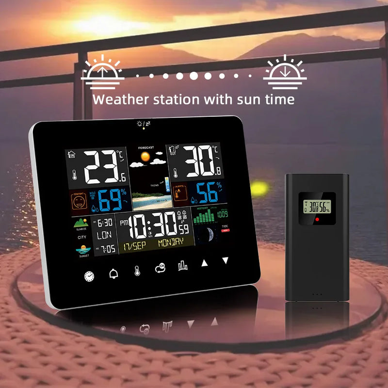 Afralia™ Weather Station Clock with Outdoor Sensor - Temperature Humidity Meter Sunrise Sunset