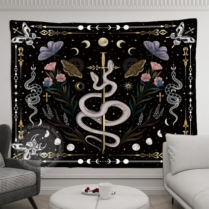 Afralia™ Snake Moon Phase Stars Butterfly Night Psychedelic Mystery Tapestry