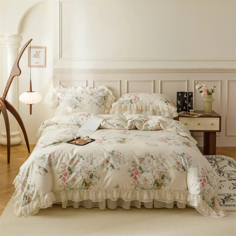 Afralia™ French Country Flowers Print Bedding Set with Lace Ruffles